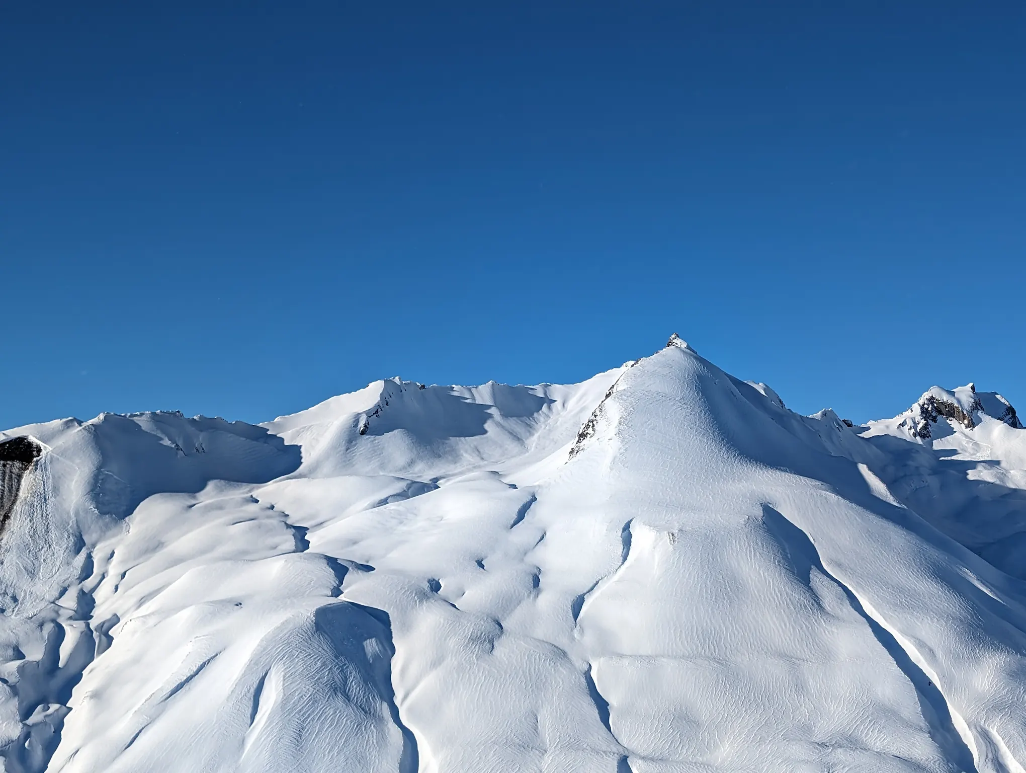 A snowy mountain top under blue skies. A few rocky peaks peeking underneath the snow. On the left hand side, traces of an avalanche